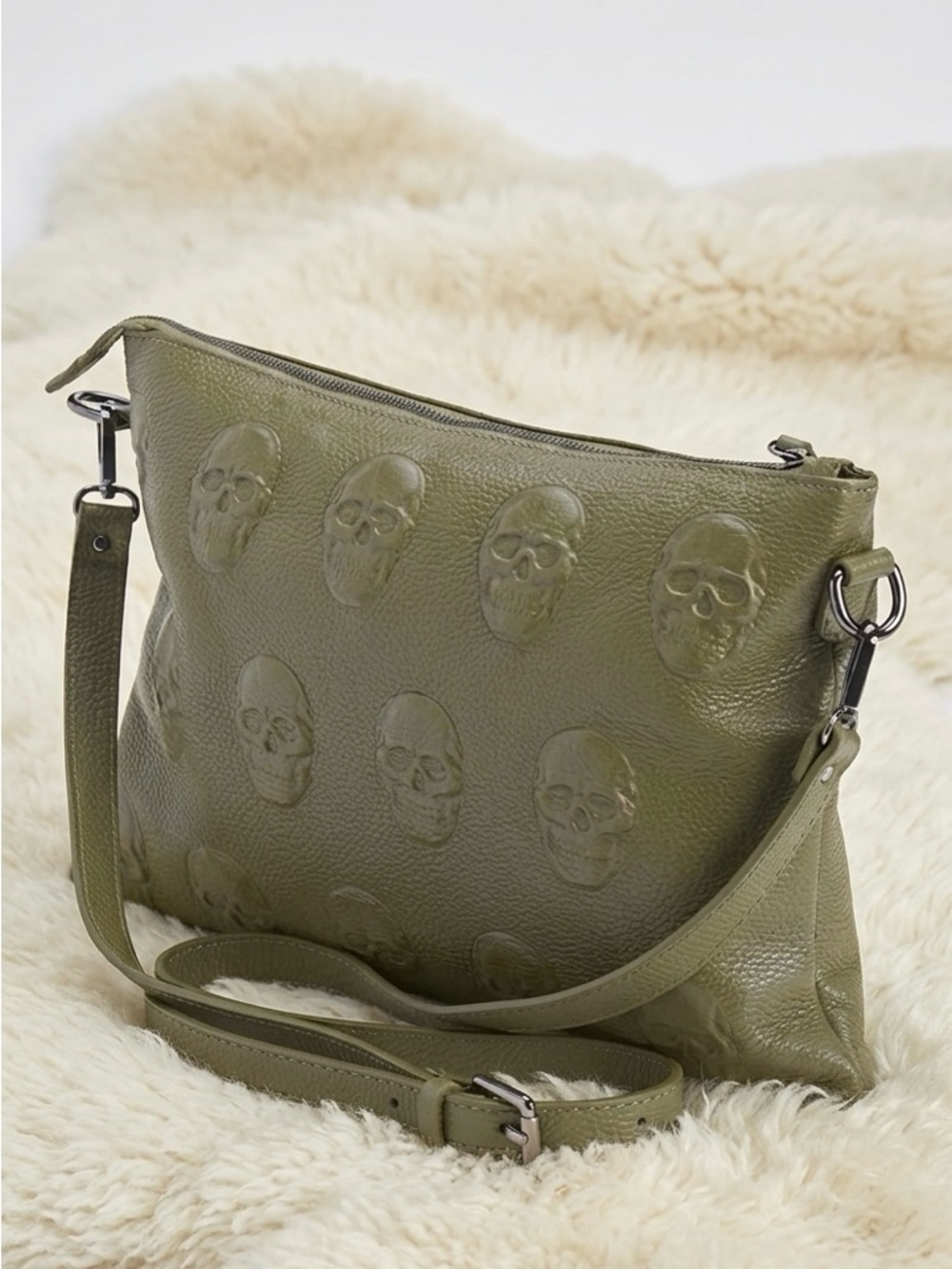 Olive Green Embossed Skull Leather Crossbody Bag